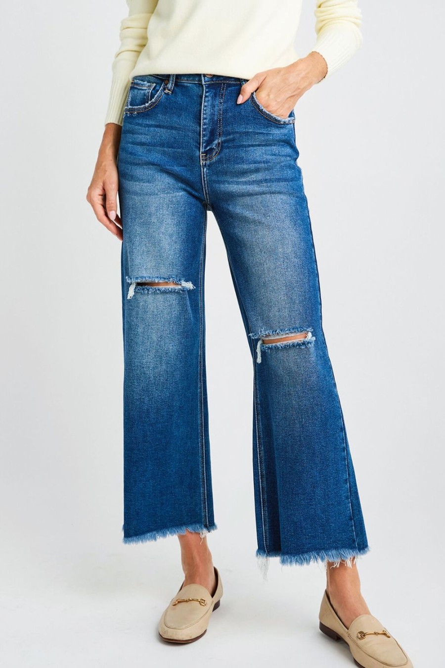 Clothing Risen Denim | Risen Soho Frayed Ankle Wide Leg Jeans