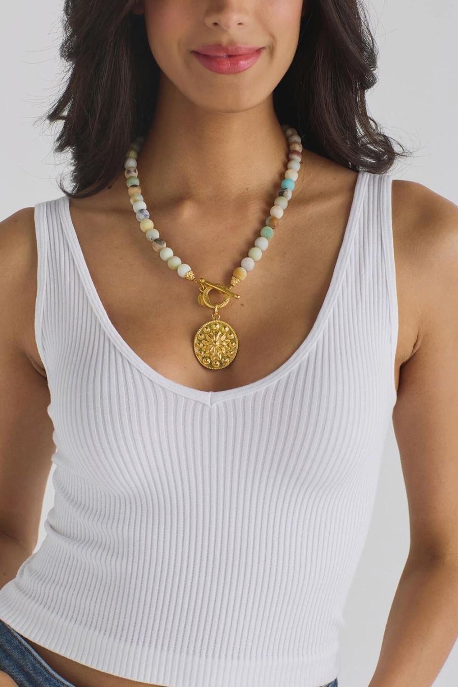 Accessories Susan Shaw | Susan Shaw Amazonite Gold Oval Concho Toggle Necklace