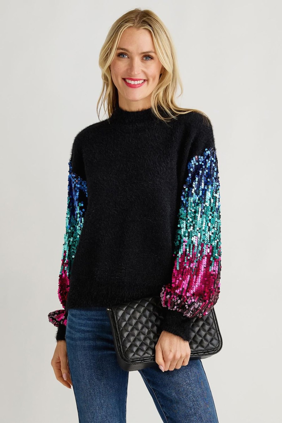 Clothing Listicle Sweaters | Listicle Sequin Sleeve Fuzzy Knit Pullover Sweater