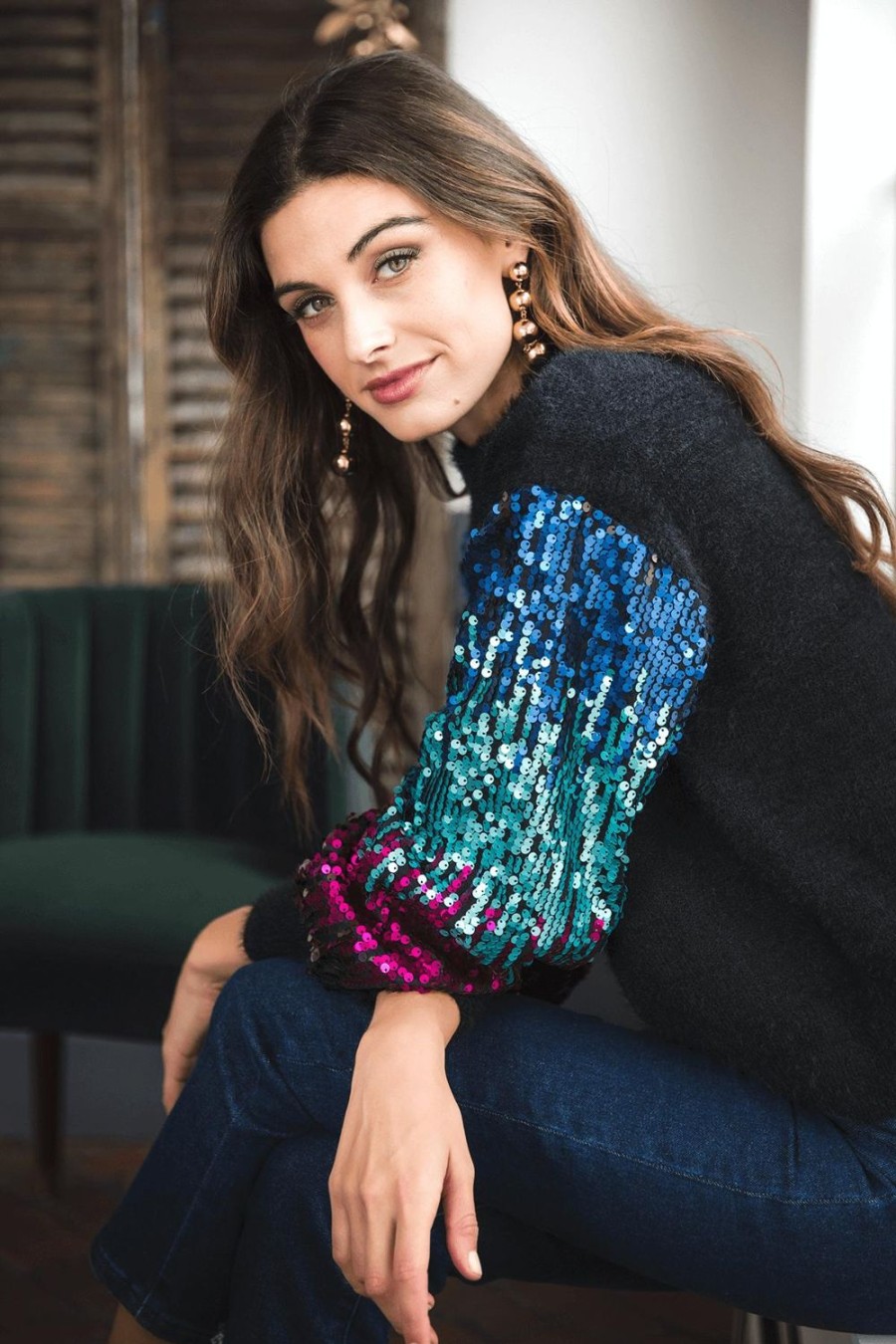 Clothing Listicle Sweaters | Listicle Sequin Sleeve Fuzzy Knit Pullover Sweater