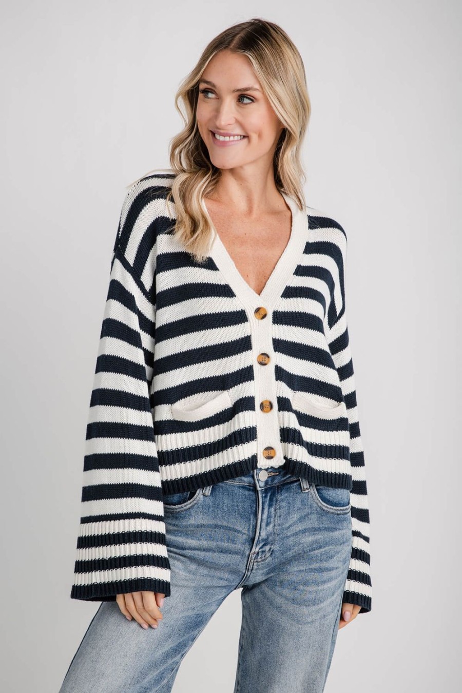 Clothing By Together Sweaters | By Together Striped Vneck Bell Sleeve Cardigan