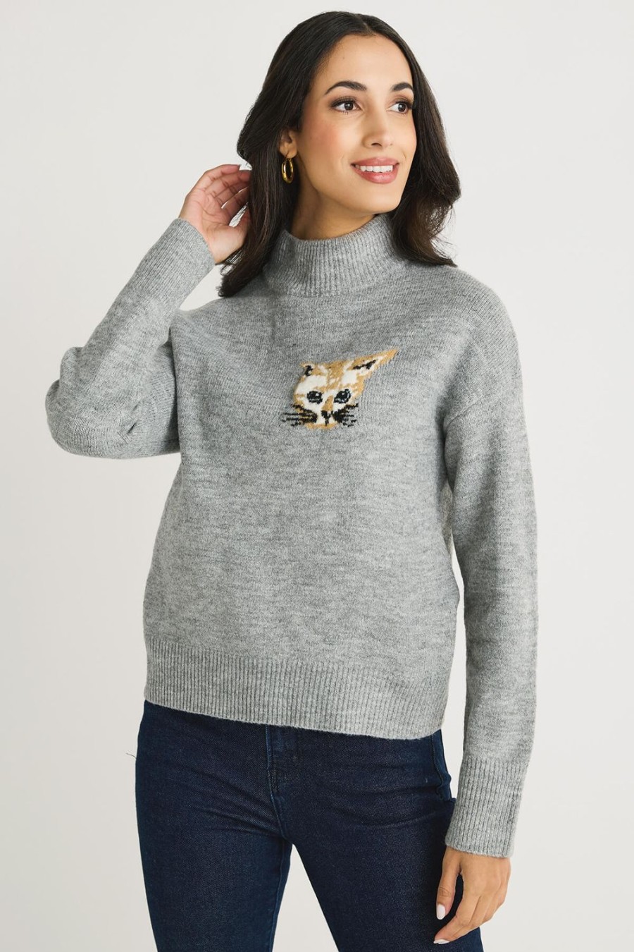 Clothing THML Sweaters | Thml Kitty Intarsia Print Mockneck Sweater