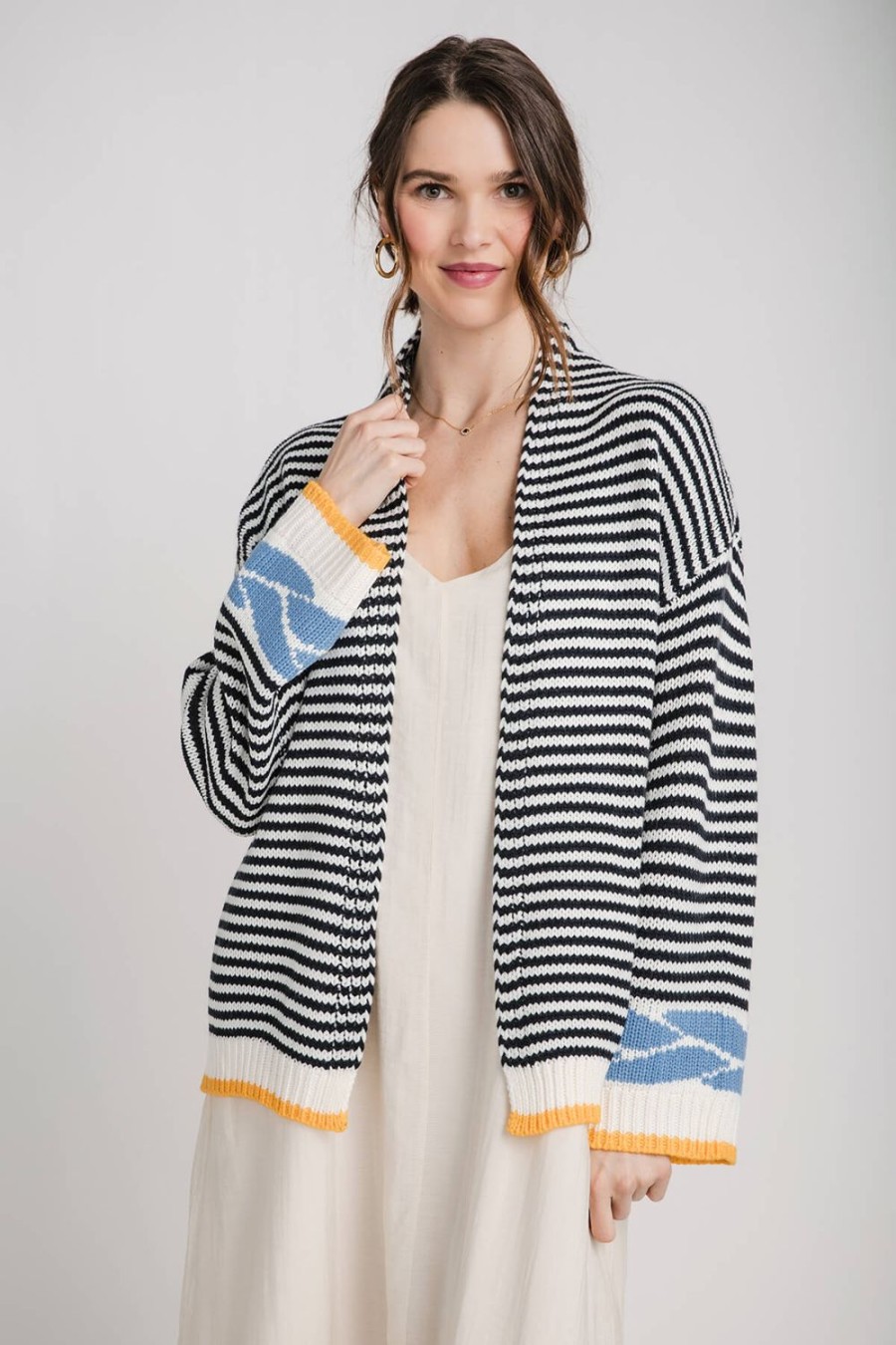 Clothing Creamon Sweaters | Creamon Wave Striped Color Block Cardigan