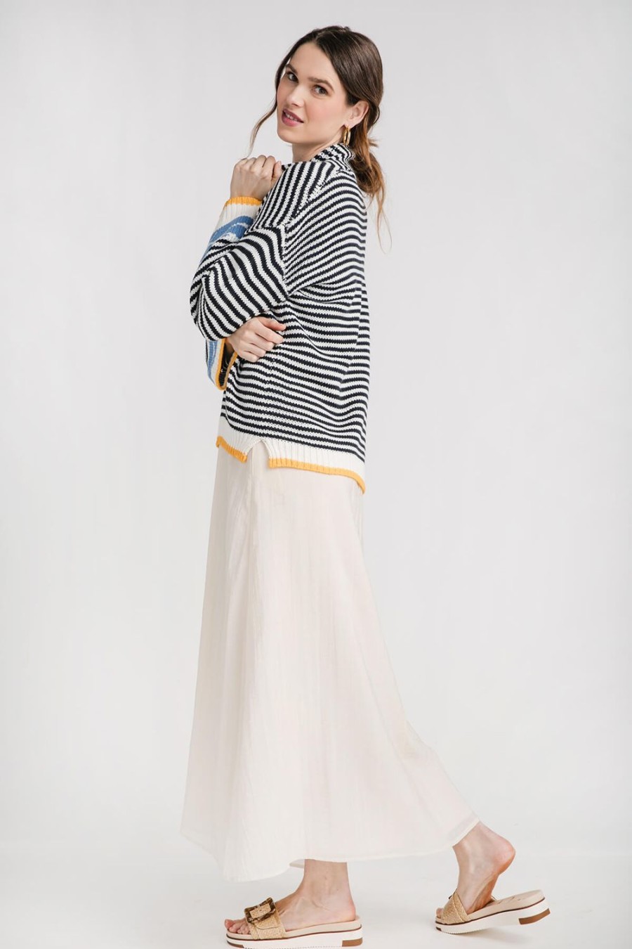 Clothing Creamon Sweaters | Creamon Wave Striped Color Block Cardigan