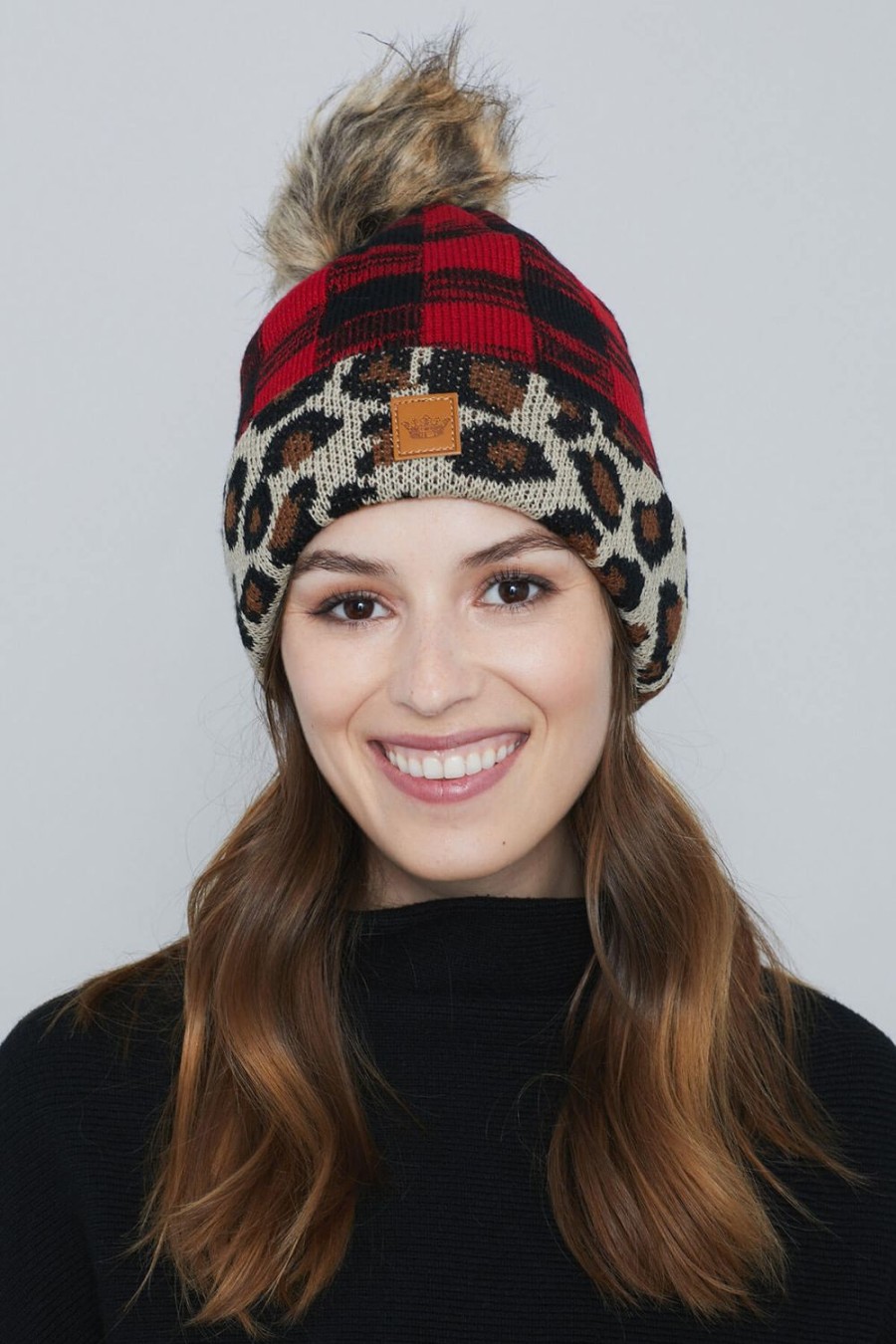 Accessories Panache | Panache Leopard Buffalo Plaid Pom Pom Hat