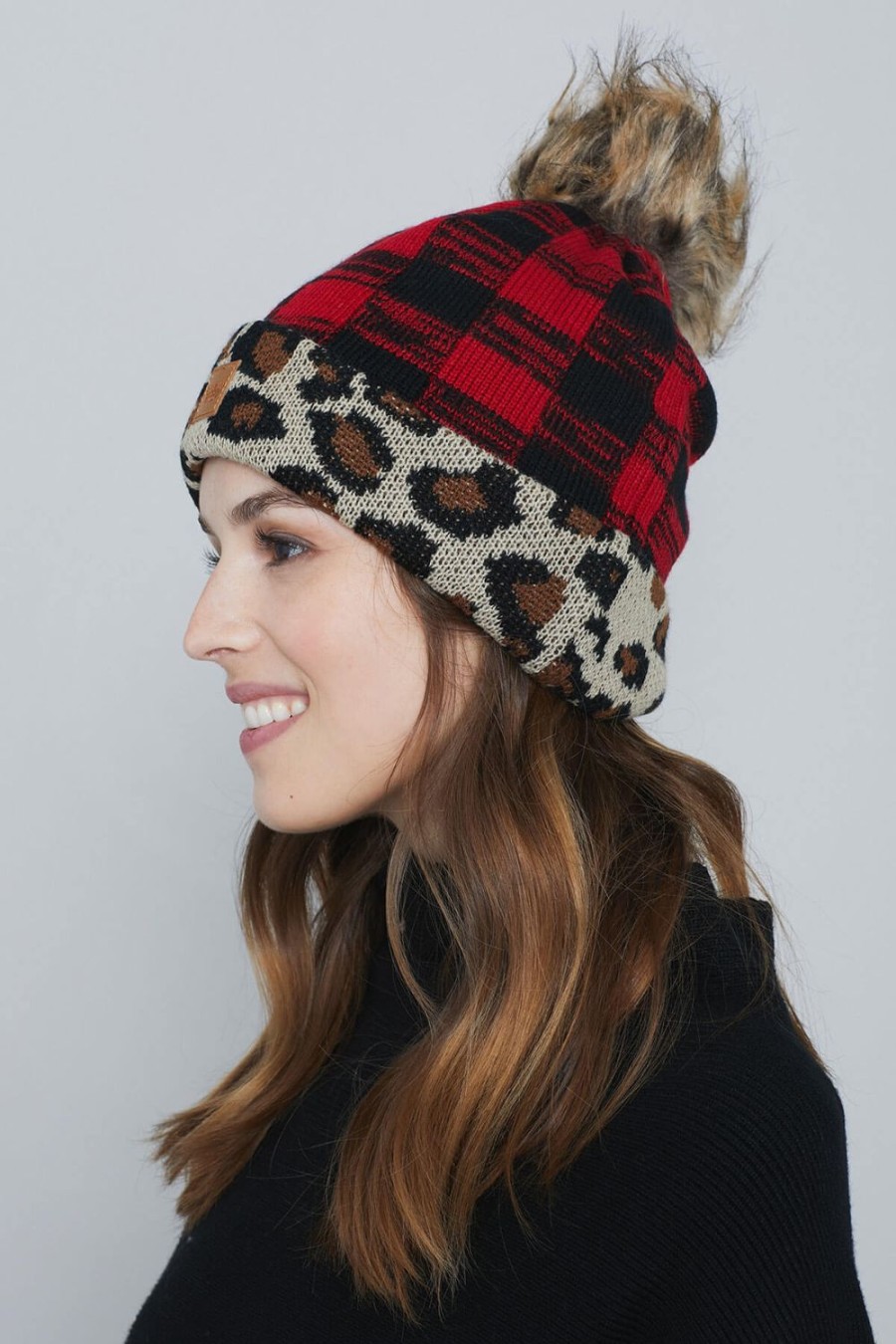 Accessories Panache | Panache Leopard Buffalo Plaid Pom Pom Hat