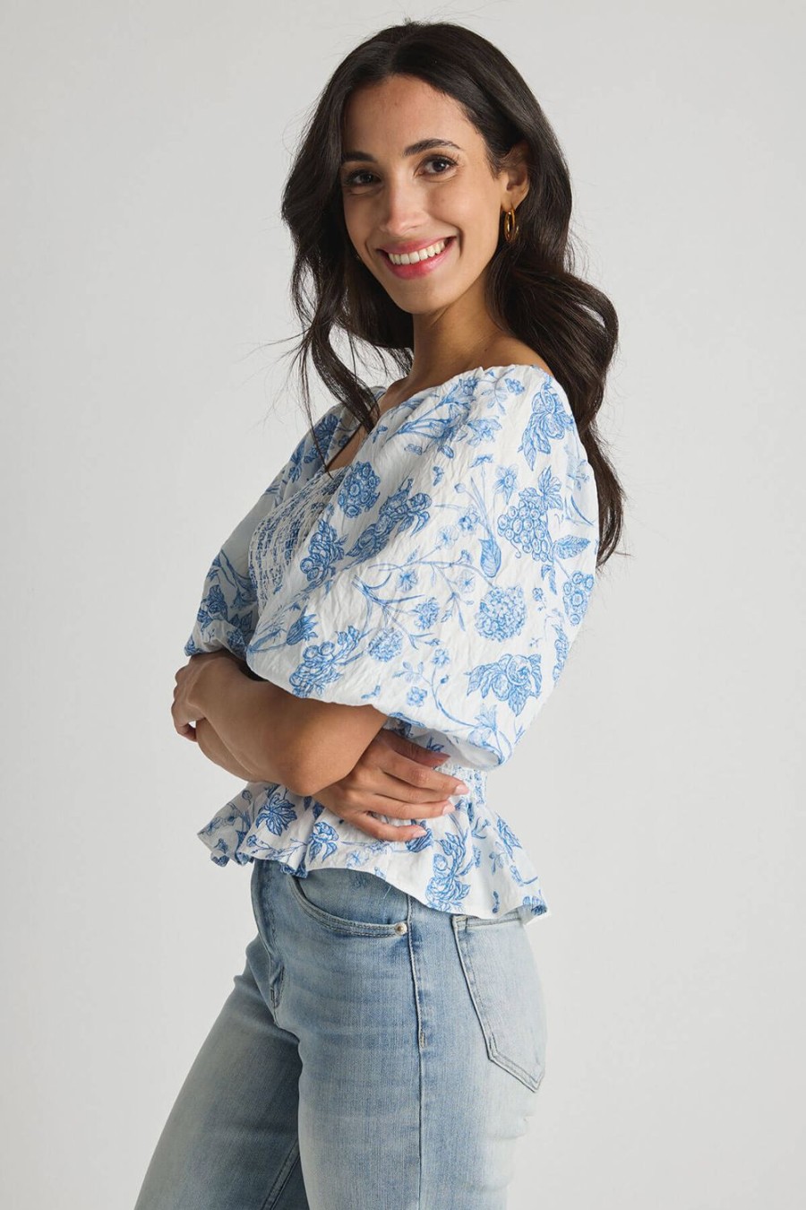 Clothing THML Shirts | Thml Printed Smocked Bodice Puff Sleeve Top