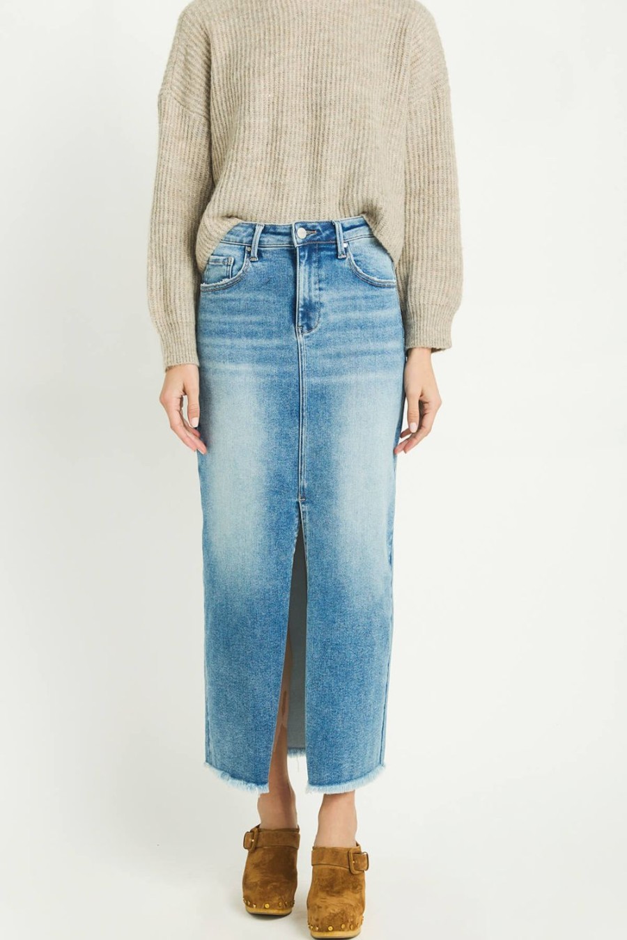 Clothing Risen Denim | Risen Front Slit Denim Skirt