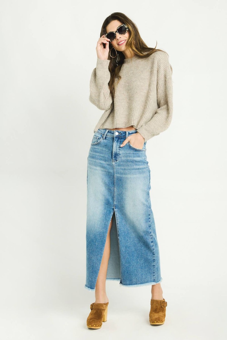 Clothing Risen Denim | Risen Front Slit Denim Skirt