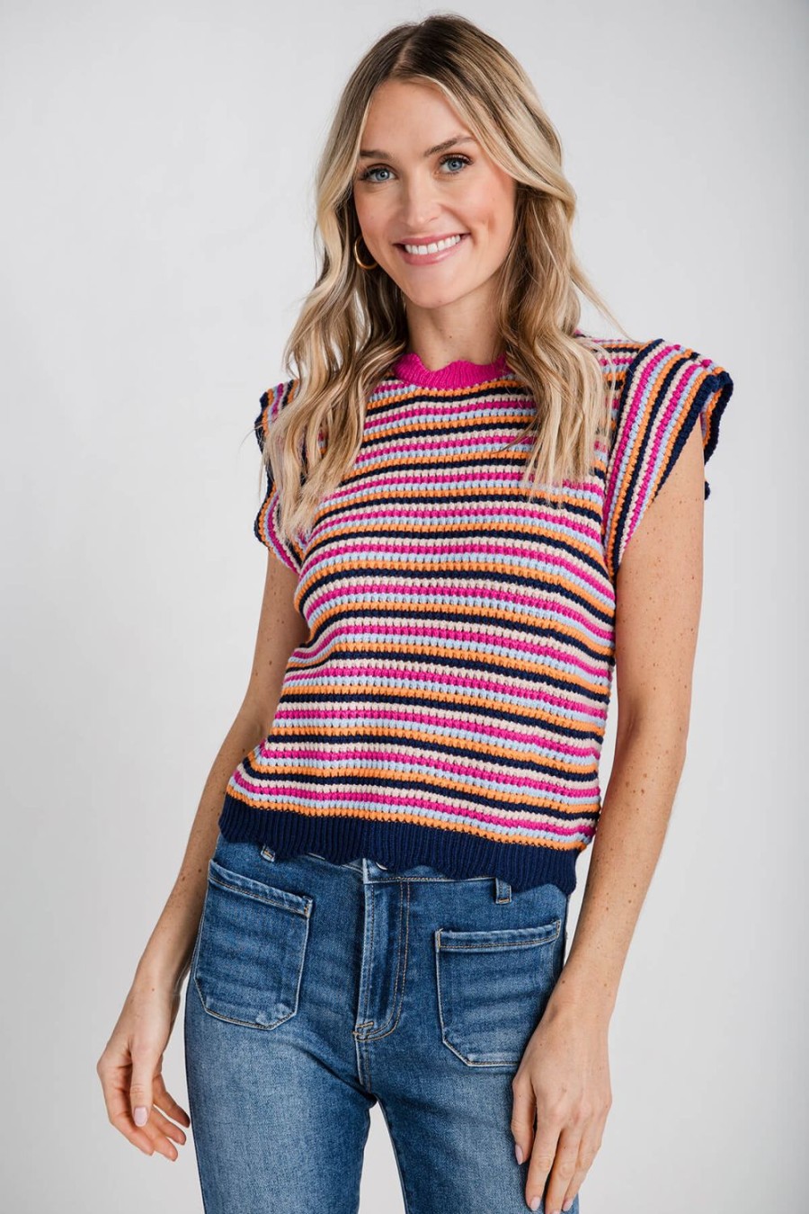 Clothing THML Sweaters | Thml Striped Contrast Neckline Knit Tank