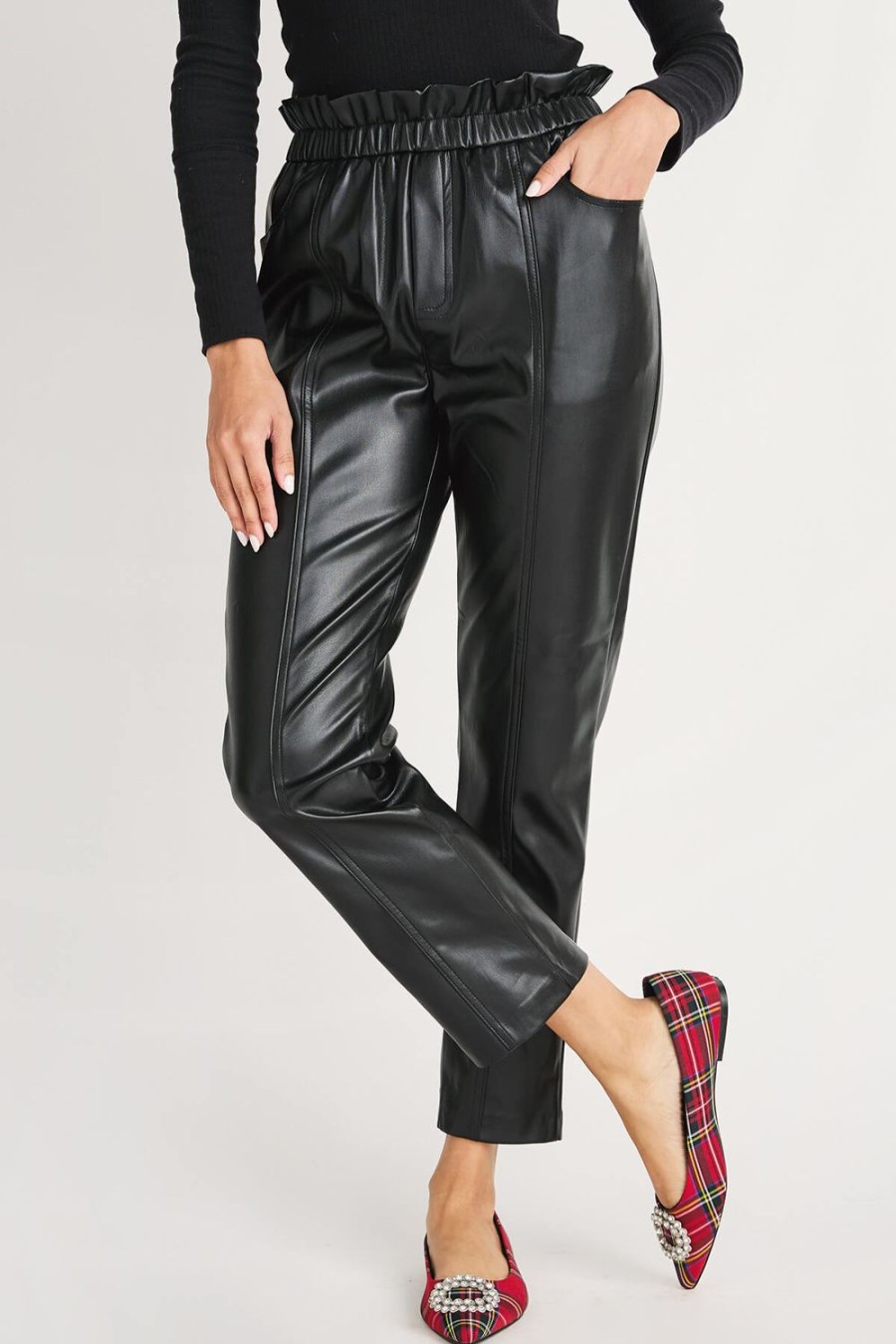 Clothing Elan Pants | Elan Elastic Ruffle Waistband Faux Leather Pants