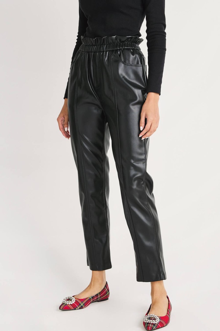 Clothing Elan Pants | Elan Elastic Ruffle Waistband Faux Leather Pants