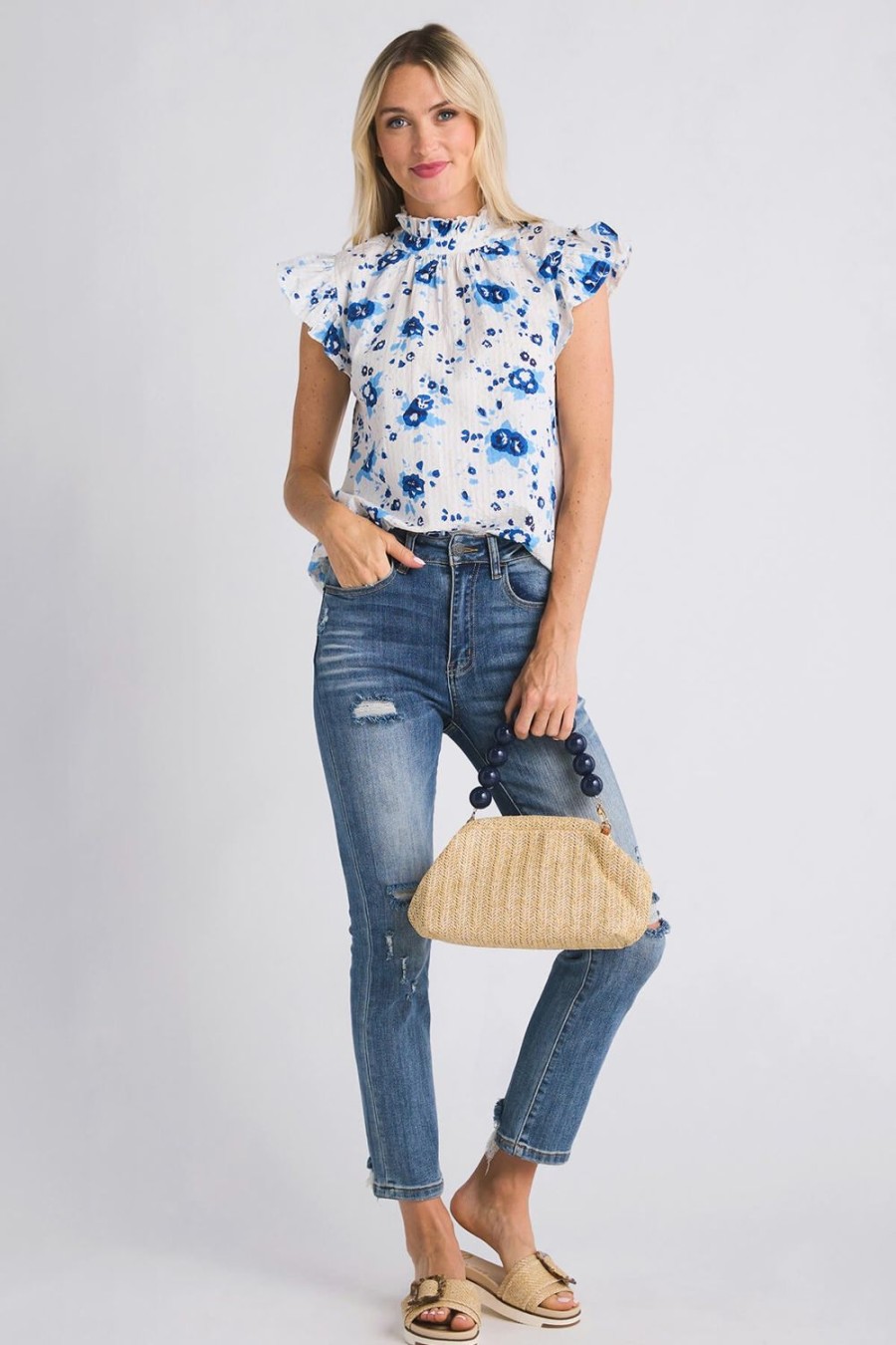 Clothing THML Shirts | Thml Ruffle Sleeve Flower Print Top