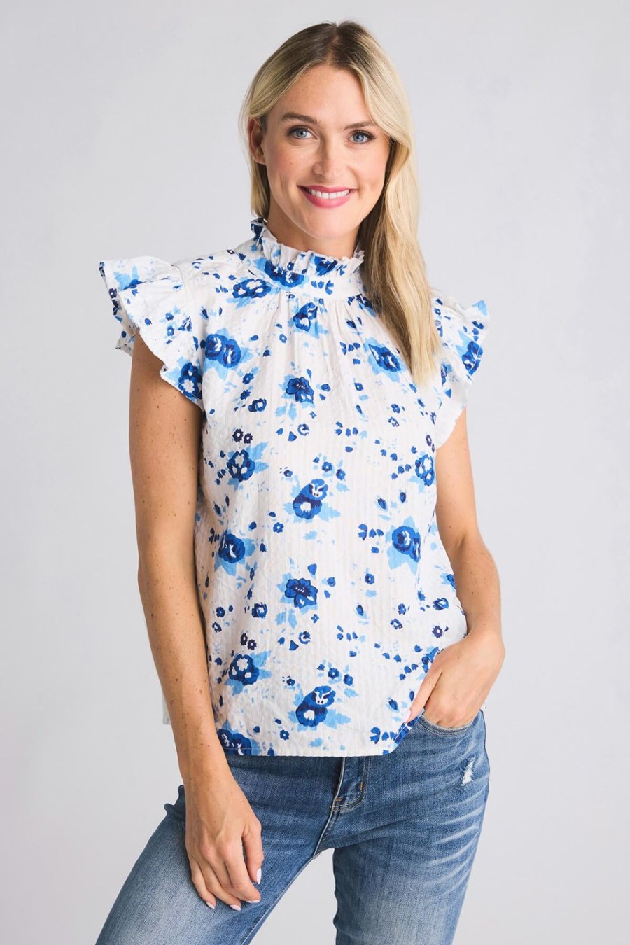 Clothing THML Shirts | Thml Ruffle Sleeve Flower Print Top