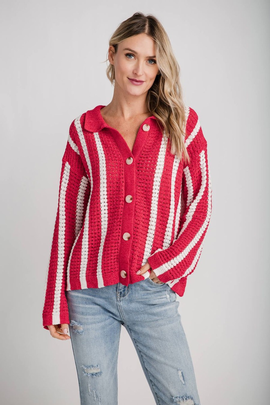 Clothing Buttermeon Sweaters | Buttermelon Striped Chenille Cardigan